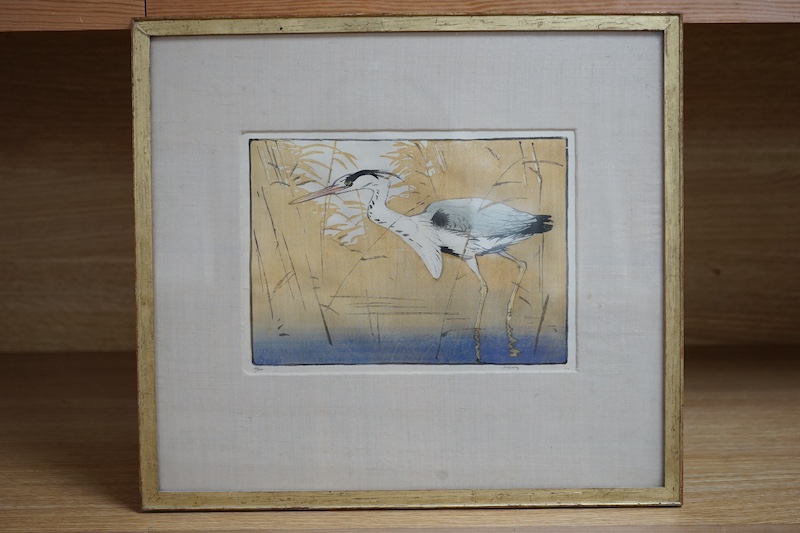 Allen W. Seaby (1867-1953), woodcut in colour, ‘Heron’, signed in pencil, limited edition 4/100, label verso, 16 x 22cm. Condition - good